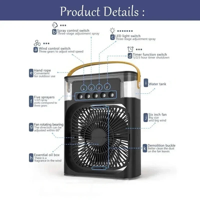 3-in-1 Portable Air Cooler & Desk Fan | LED Night Light & Humidifier